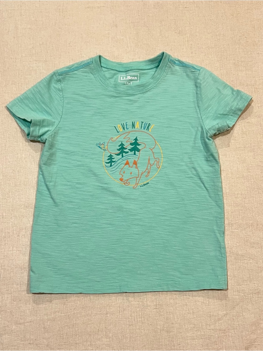 L.L. Bean Girls' Love Nature Fox Mint Green Short Sleeve Tee Back to School 6/7